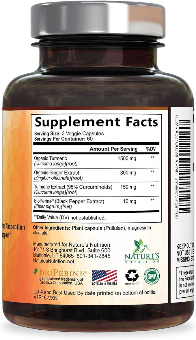 Turmeric Curcumin Supplement - 95% Curcuminoids with Organic Turmeric & Ginger, BioPerine Black Pepper Extract for Best Absorption, Natural Vegan Joint Support, Non-GMO, Bottled in USA - 180 Capsules