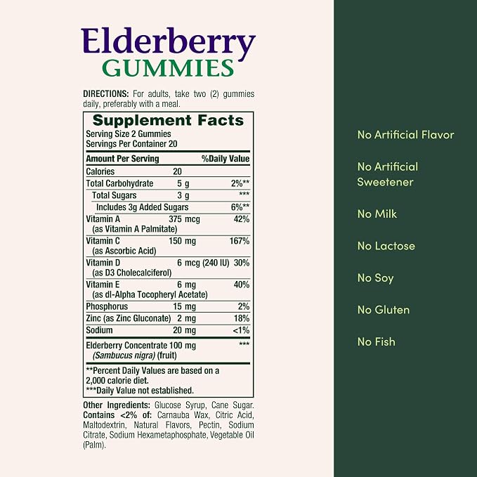 Nature's Bounty Elderberry Gummies, Immune Support, Contains Vitamin A, C, D, E and Zinc, 40 Gummies