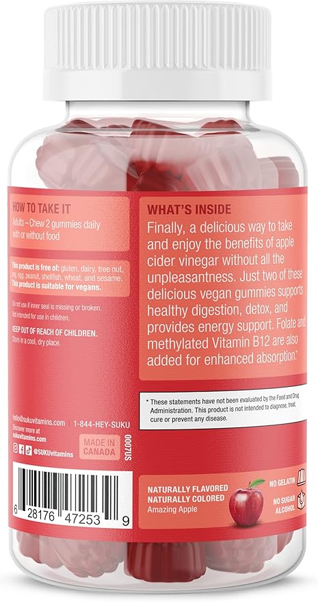SUKU Appley Ever After Gummies – Apple Cider Vinegar with Methylated B12 & Folate – Sugar-Free, Gluten-Free, Vegan Detox & Energy Support – Amazing Apple Flavor – 50 Count