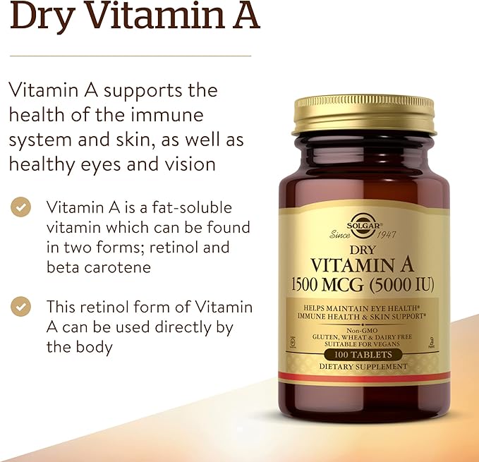 SOLGAR Dry Vitamin A 1500 mcg (5000 IU), 100 Tablets - Supports Healthy Eyes, Skin & Immune System - Non-GMO, Vegan, Gluten Free, Dairy Free, Kosher - 100 Servings (Pack of 2)