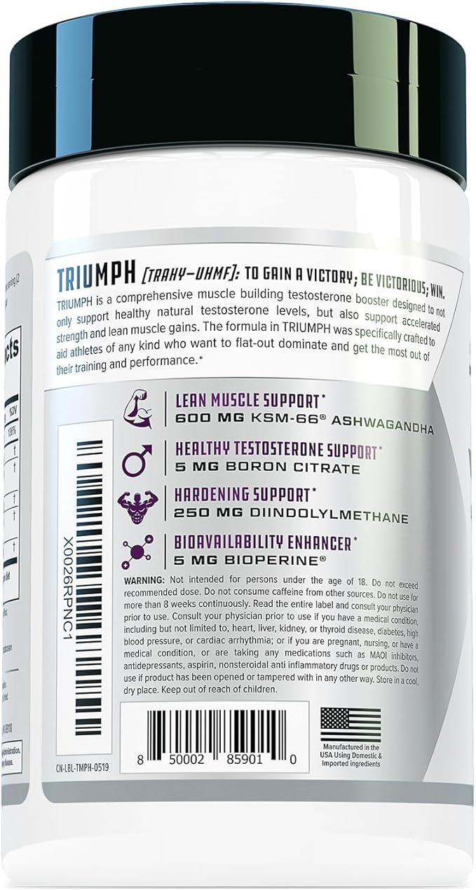 TRIUMPH Testosterone Booster for Men: Best Test Booster and Estrogen Blocker for Men with DIM, KSM 66 Ashwagandha, and Boron Citrate, Build Natural Lean Muscle Mass and Strength, 56 Veggie Capsules