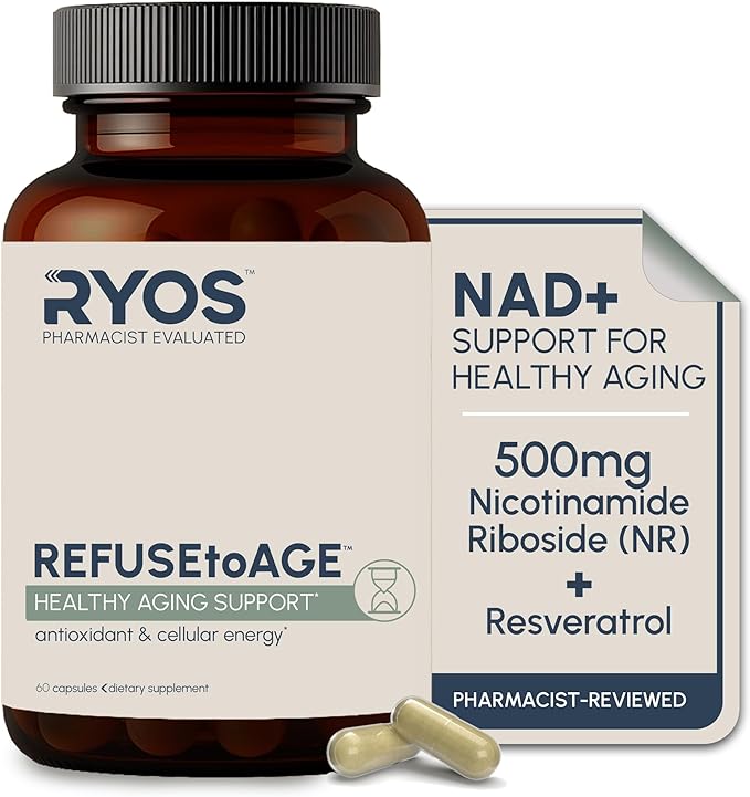 RYOS Nicotinamide Riboside NAD+ Supplement (500mg NR) with Resveratrol & Quercetin – Supports Healthy Aging & Cellular Energy – Pharmacist-Reviewed for Medication Awareness – REFUSEtoAGE- 60 Capsules
