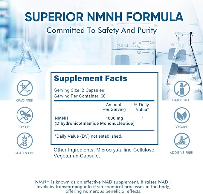 NMNH (NMN Supplement Alternative)，1000mg Per Serving NAD Supplement to Boost NAD+ Levels as We Age, for Anti Aging, Energy, Focus - 120 Capsule