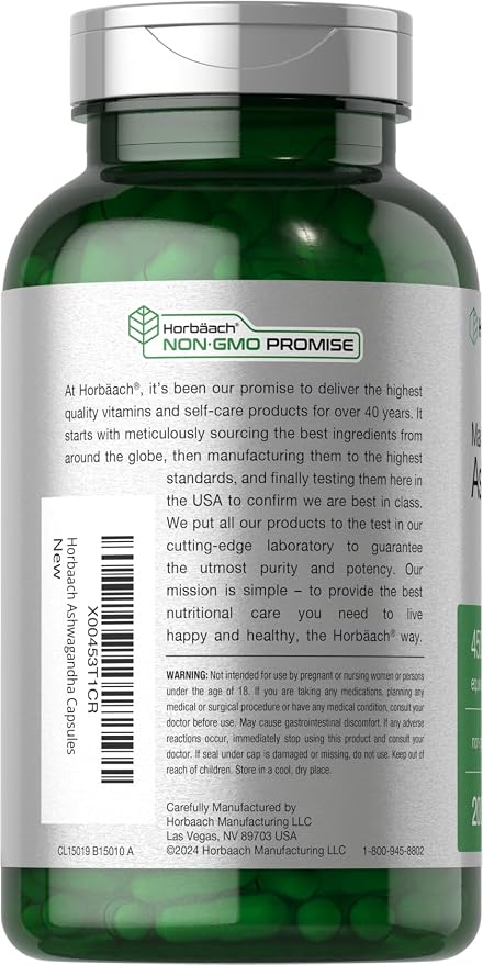 Horbäach Ashwagandha Supplement for Women and Men | 200 Capsules | Max Strength Herb Root Extract | with Black Pepper Extract | Non-GMO, Gluten Free