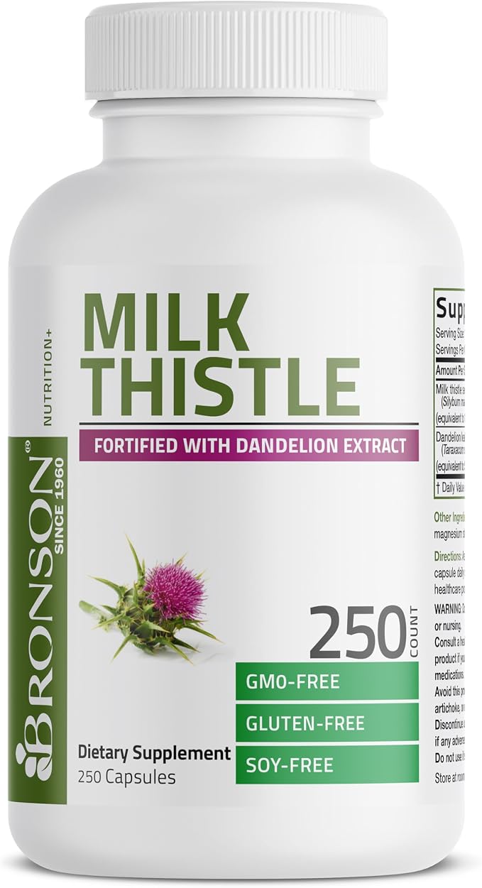 Bronson Milk Thistle Silymarin Marianum & Dandelion Extract Liver Health Support, Antioxidant Support, Detox, 250 Capsules