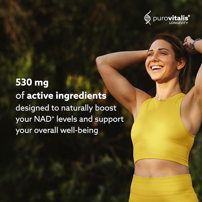 PUROVITALIS NAD+ Supplement, NAD with Nicotinamide Riboside (NR), Vitamin B3, PQQ, and Anthocyanin, Cellular Energy Booster, High Purity, 1-Month Supply (30 Vegan Capsules)
