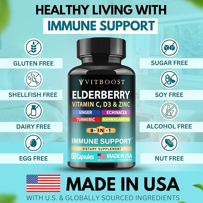2 Pack Elderberry Immune Support Supplement 8-in-1 Formula with Echinacea, Vitamin C & Zinc, Vitamin D 5000 IU, Turmeric, Ginger, Ashwagandha – 60 Capsules Each