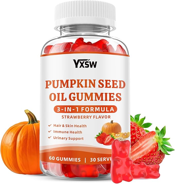 Pumpkin Seed Oil Gummies with Saw Palmetto, Organic Pumpkin Seed Oil Supplement for Hair Growth & Skin Health, Prostate Health, High Pure Extract for Women Men, Strawberry Flavor, 60 Count