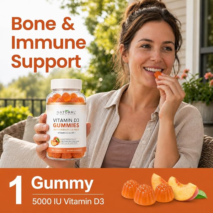 Sugar Free Vitamin D3 K2 Gummies 5000 IU + K2 MK7 80 mcg – Vitamin D Gummies for Adults with Prebiotics & Fiber – Supports Bones, Immune Health, Heart Health & Mood – Gluten Free, Natural Peach Flavor