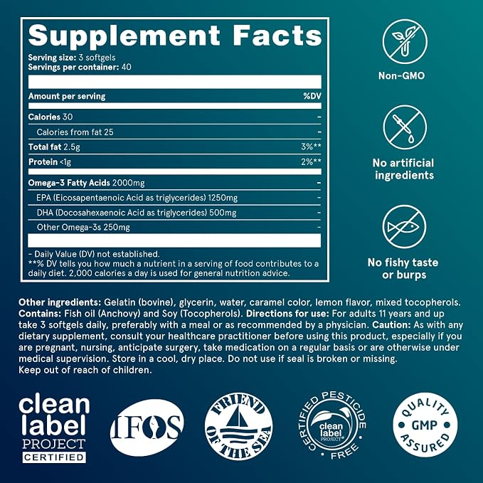 Puori Omega 3 Fish Oil - Ultra Pure 2000mg x 240 Softgels - Heart, Brain and Eye Health Supplement - Burpless, IFOS Certified, Non-GMO Capsules - O3-2000mg EPA 1250mg DHA 500mg