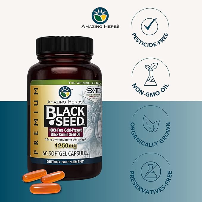 Amazing Herbs Premium Black Seed Oil Capsules - High Potency, Cold Pressed Nigella Sativa Aids in Digestive Health, Immune Support & Brain Function - 60 Count, 1250mg (60 Count (Pack of 2))
