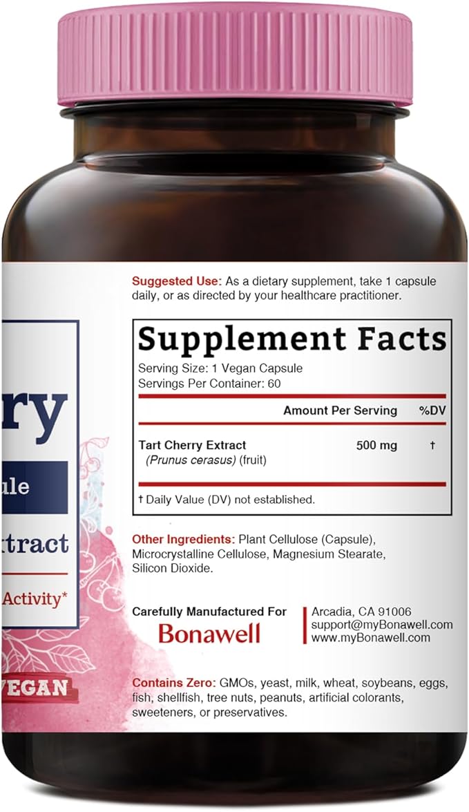 Bonawell Tart Cherry Capsule, 500mg Extract Per Capsule, Made from Montmorency Tart Cherries, Powerful Uric Acid Cleanse, Antioxidant Support, 2 Month Supply, 60 Capsules