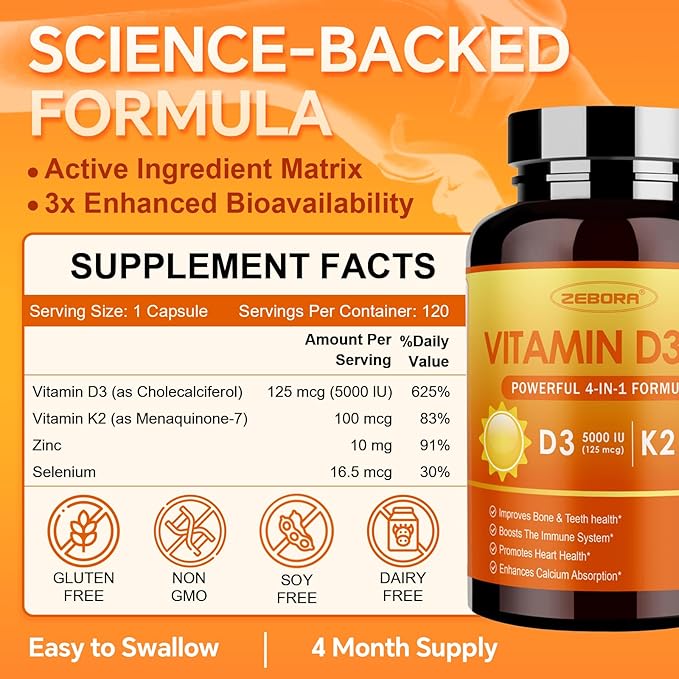 ZEBORA Vitamin D3+K2-5000 IU Vitamin D3 + 100 mcg K2 MK-7 - Maximum Absorption for Bone, Teeth, Heart & Immune Support - Easy to Swallow, Gluten-Free, 120 Capsules