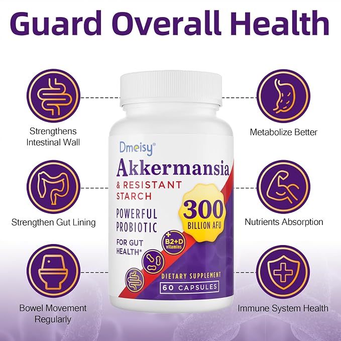 Akkermansia Supplement - 300 Billion AFU Akkermansia Muciniphila, Akkermansia Probiotic for Women & Men, for Boost, Digestive, Gut, Immunity, Enhances Gut Lining Function & Intestinal Walls, 120 Count