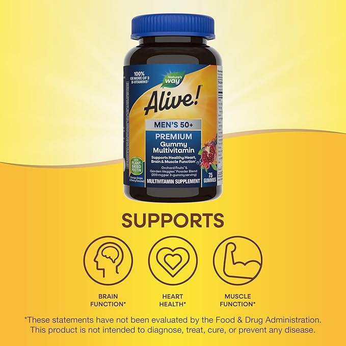Nature's Way Alive! Men’s 50+ Premium Gummy Multivitamin, Supports Healthy Heart, Brain & Muscle Function*, B-Vitamins, Vegetarian, Grape, Orange and Cherry Flavored, 75 Gummies, (Pack of 2)