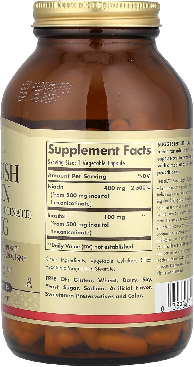 Solgar No-Flush Niacin 500 mg, 250 Vegetable Capsules - Supports Energy Metabolism - No-Flush Delivery - Vegan, Gluten Free, Dairy Free, Kosher - 250 Servings