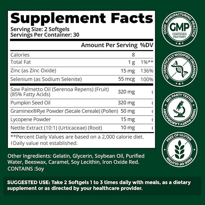 Saw Palmetto for Men Prostate Health Supplement, Pharmaceutical Grade - DHT Blocker - Graminex | Pumpkin Seed Oil | Nettle Supports Urinary Function & Hair Loss Prevention, 60 softgels