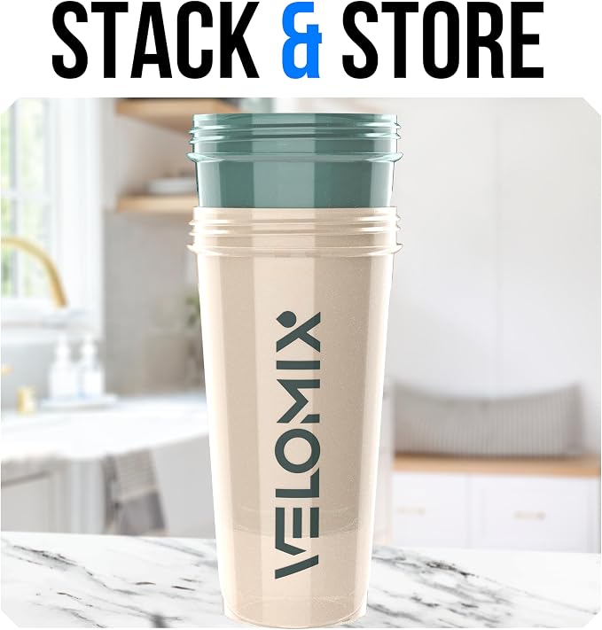 VELOMIX -2 Pack- 28 oz Protein Shaker Bottles for Protein Mixes - 2x Wire Whisk | Leak Proof Shaker Cups for Protein Shakes and Pre Workout | Protein Shaker Bottle Pack (A6) Blue/Beige