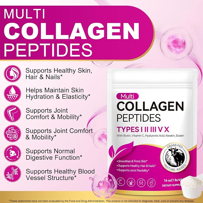 Collagen Peptides Powder, Multi Type I II III V X with Hyaluronic Acid, Biotin & Vitamin C, Unflavored Hydrolyzed Protein, Collagen for Women, Men, Keto & Paleo Friendly, Unflavored, 16 oz