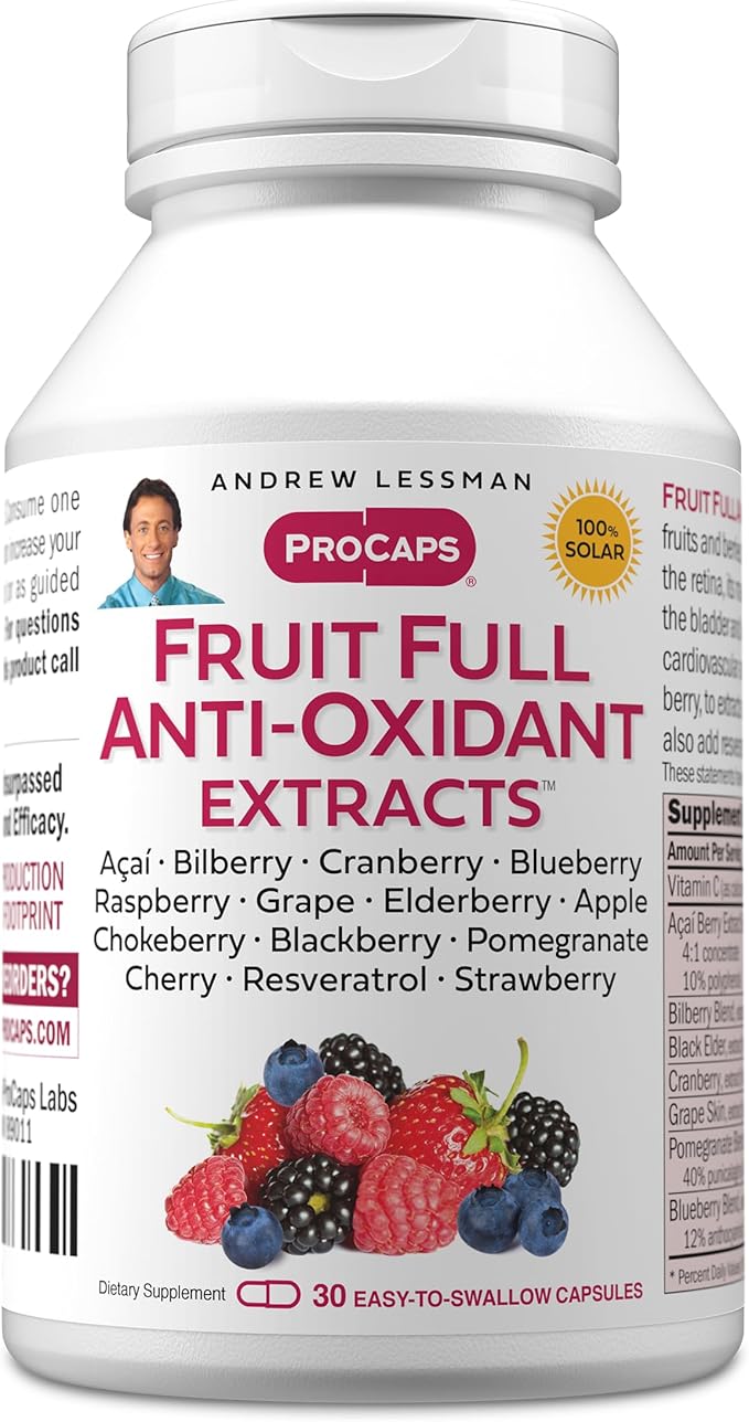 ANDREW LESSMAN Fruit Full Anti-Oxidant Extracts 30 Capsules - 14 Natural Fruit and Berry Extracts. Bilberry, Cranberry, Grape Seed, Pomegranate, Resveratrol, and More. Easy to Swallow Capsules
