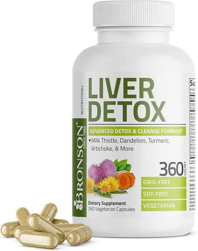 Bronson Liver Detox Advanced Detox & Cleansing Formula Supports Health Liver Function with Milk Thistle, Dandelion Extract, Turmeric, Artichoke Leaf & More, Non-GMO, 360 Vegetarian Capsules