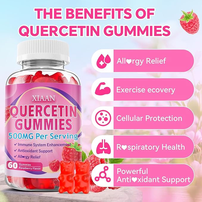 Quercetin Gummies 500mg for Kids & Adults, Organic Quercetin Supplements with Bromelain Zinc Vitamin C and D3 Support Antioxidant & Immune System Health, Strawberry Flavor 120 Count