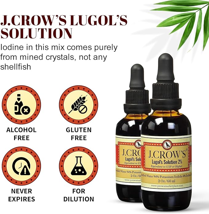 J.CROW'S® Lugol's Iodine 2% Solution, Iodine & Potassium Iodide 2 oz (2 Bottles) - Liquid Supplement Drops - Non-GMO, Alcohol-Free - 1200 Drops