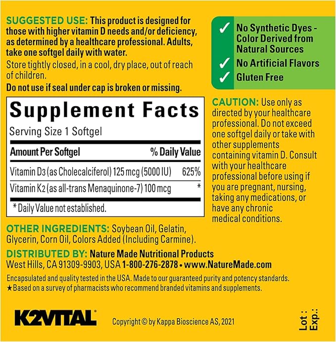Nature Made Vitamin D3 K2, 5000 IU (125 mcg) Vitamin D, Dietary Supplement for Bone, Teeth, Muscle and Immune Health Support, 30 Softgels, 30 Day Supply - Pack of 2