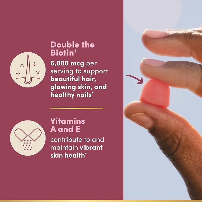 Nature’s Bounty Optimal Solutions Advanced Hair, Skin and Nails Pectin Gummies, 2x Biotin Per Serving, No Stick Gummy, Vegetarian Formula, Strawberry Flavor, 200 ct, 100 Total Servings