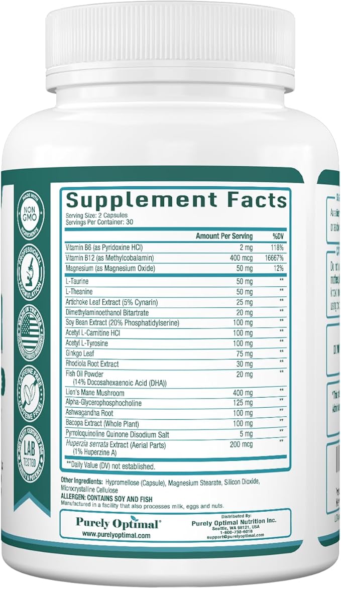 Purely Optimal Brain Booster Nootropic Supplement – Brain Support for Memory, Focus, Clarity, Jitter-Free Energy for Adults, Seniors– with Ginkgo Biloba, Alpha GPC, Lion’s Mane – 60 Capsules