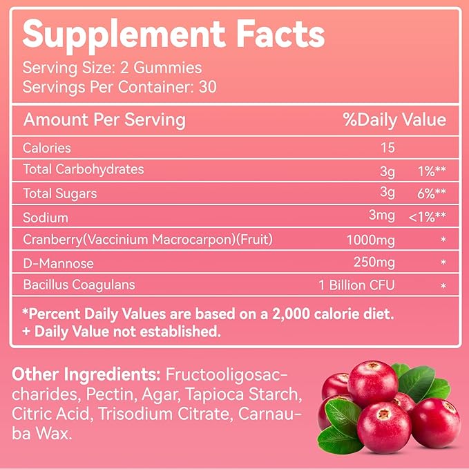 Cranberry Gummies 1000mg, Supplements for Women, with D-Mannose 250mg, Womens Probiotic Gummies, Urinary Tract Health, Cranberry Flavor, NO GMOs, 60 Count