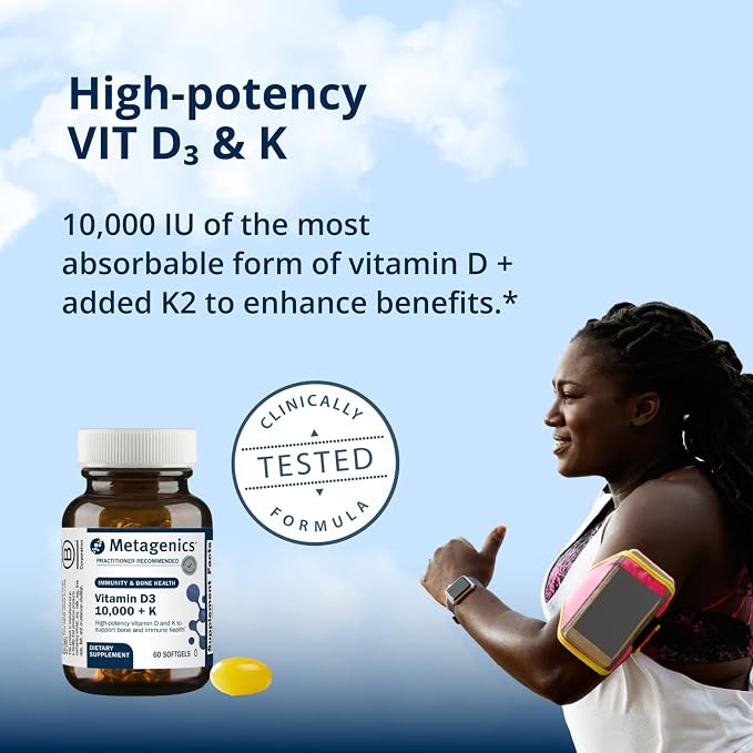Metagenics Vitamin D3 + K - for Artery Health, Immune Support, Bone & Heart Health* - Vitamin D with MK-7 (Vitamin K2) - Non-GMO - Gluten-Free - 60 Softgels - 10,000 IU