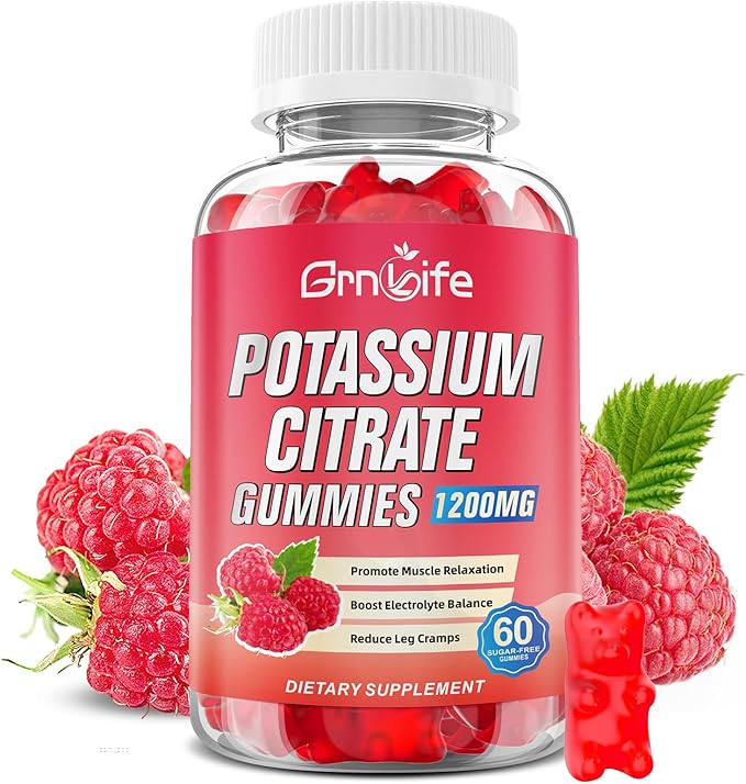 Potassium Citrate Gummies, High Potassium Supplement 1200mg Support Leg Cramps & Muscle Health, Potassium Gummies for Adults & Kids, Vegan, Raspberry Flavor 60 Count