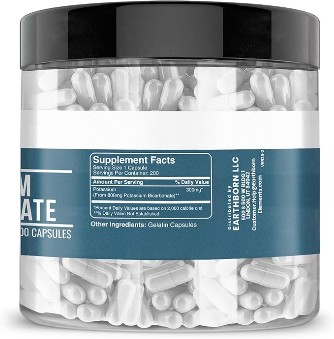 Earthborn Elements Potassium Bicarbonate 200 Capsules, Pure & Undiluted, No Additives