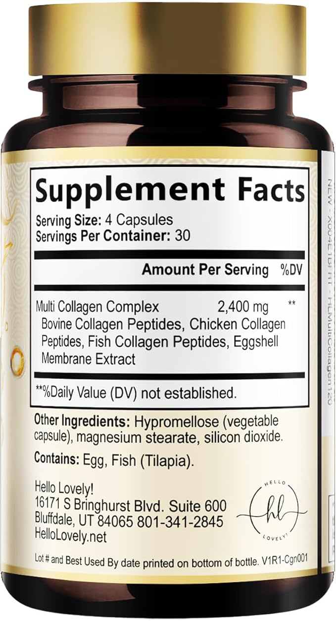 Multi Collagen Peptides for Women & Men - 2400mg per Serving - Best Hydrolyzed Collagen Complex with Type I, II, III, V, X - Hair, Skin, Nails & Joint Support Supplement - Bottled USA - 120 Capsules