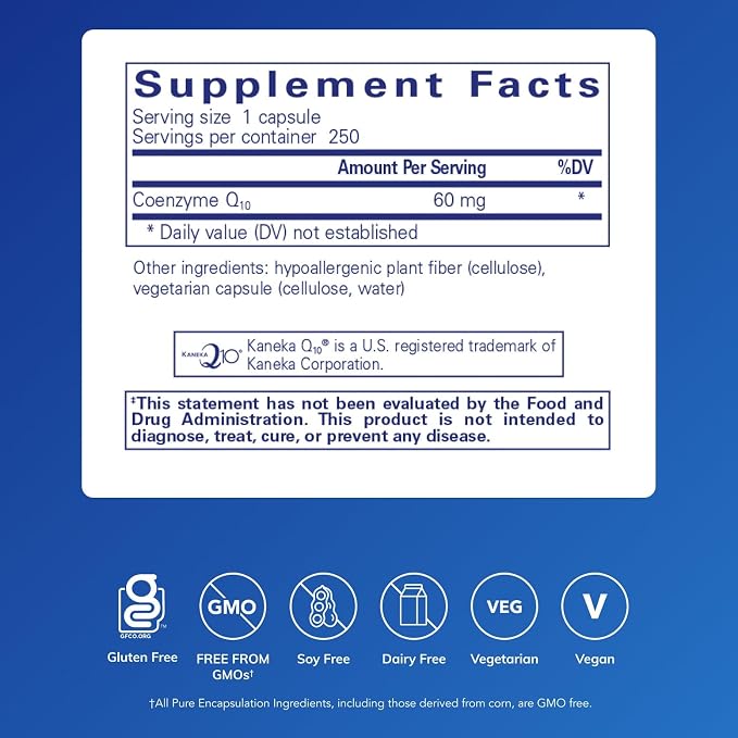 Pure Encapsulations CoQ10 60 mg | Coenzyme Q10 Supplement for Energy, Antioxidants, Brain and Cellular Health, Cognition, and Cardiovascular Support* | 250 Capsules