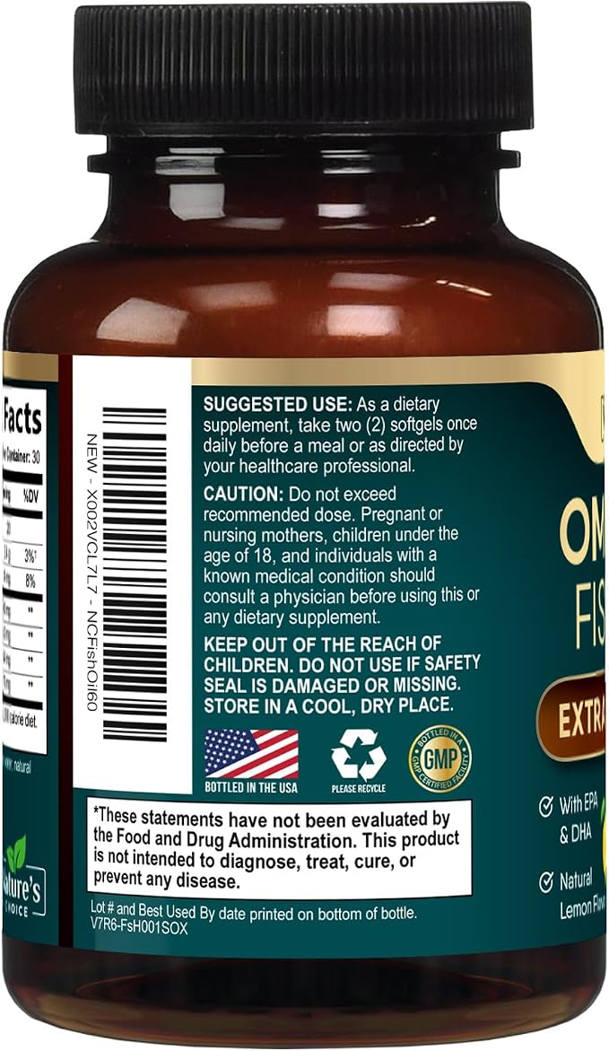 Omega 3 Fish Oil Supplements - 2400mg Fish Oil Per Serving - Triple Strength Omega-3 with Fatty Acids EPA & DHA - Natural Heart, Brain & Immune Support - Wild Caught, Bottled in USA - 60 Softgels