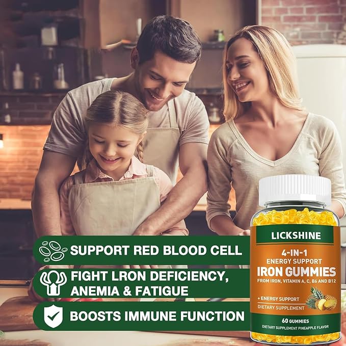 lickshine 2 Pack Vegan 100MG Iron Supplement Gummies for Women & Men - with Vitamin C, A, B for Adults & Kids - Energy Support for Iron Deficiency, Anemia - Pineapple Flavor (120 Ct)