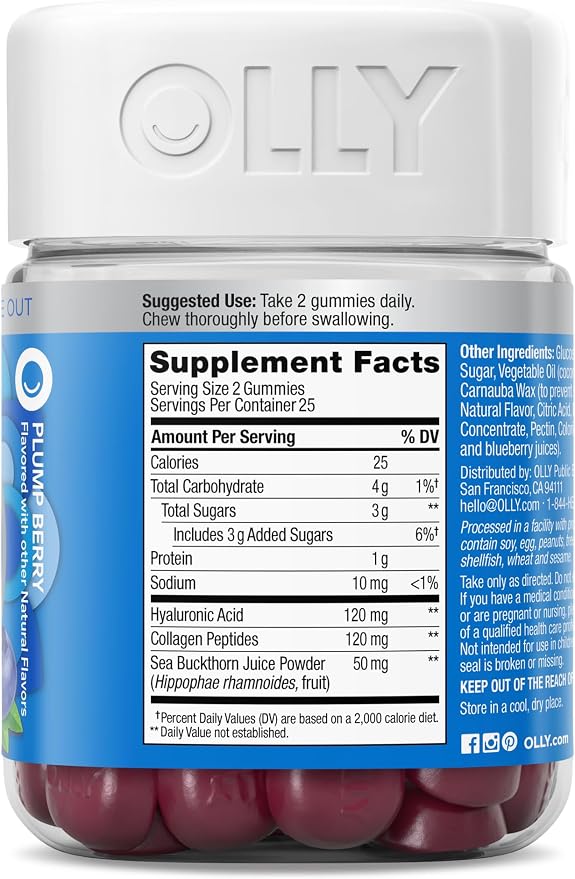 OLLY Glowing Skin Gummy, Hydrated & Youthful Skin,* Hyaluronic Acid, Collagen Peptides, Sea Buckthorn, Plump Berry Flavor, 25 Day Supply - 50 Count (Pack of 2)