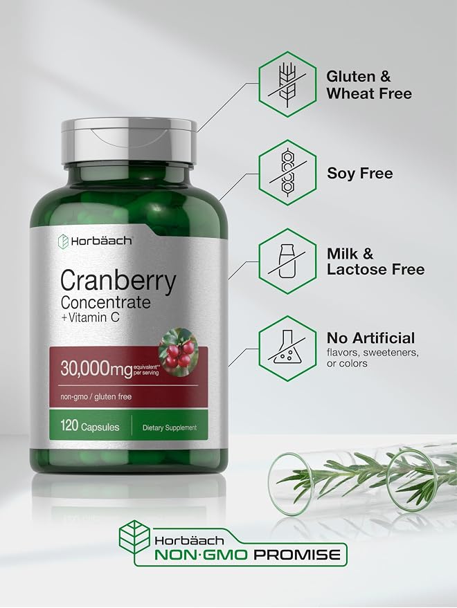 Horbäach Cranberry Concentrate Extract Pills + Vitamin C | 120 Capsules | Supplement for Women and Men | Triple Strength Ultimate Potency Formula | Non-GMO and Gluten Free