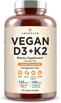AMANDEAN Vitamin D3 K2. Vegan & Plant-Based 5000iu VIT D from Algae. All-Trans MK-7 K2Vital. 120 Softgels. Carrageenan Free. Organic Coconut Oil Blend. for Mood, Bones, Heart, Immune Health.