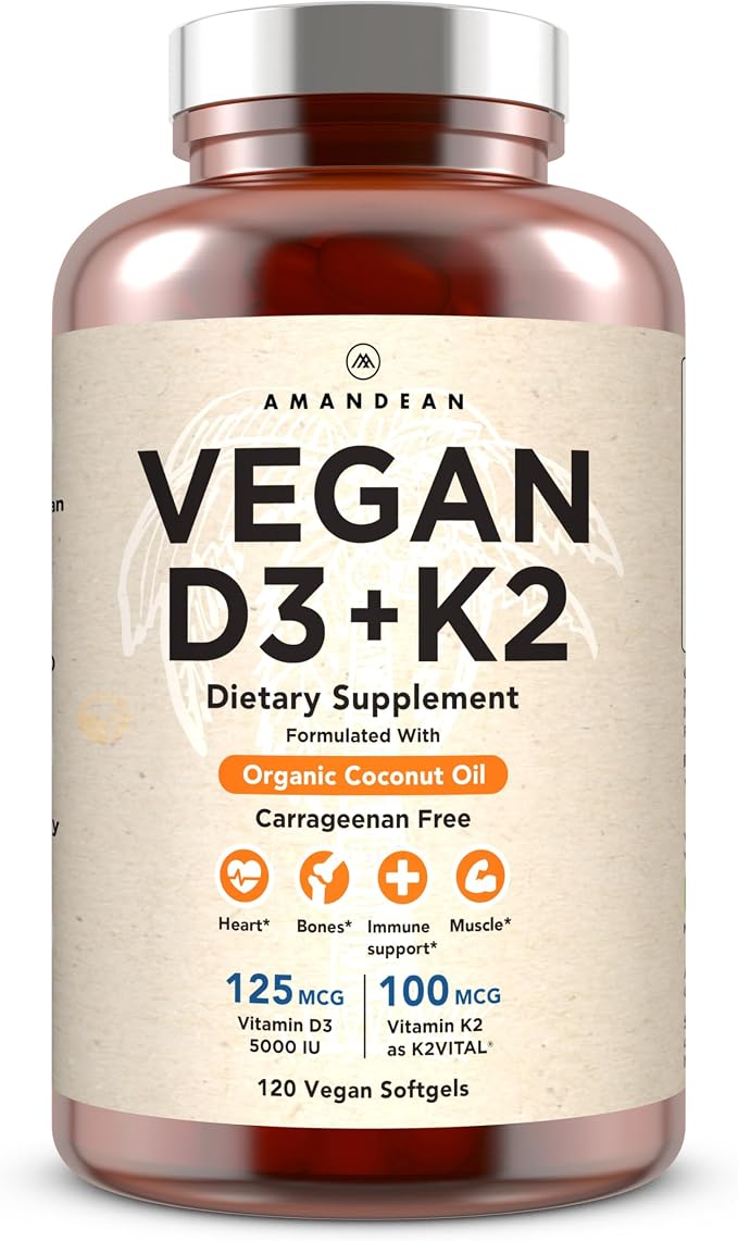 AMANDEAN Vitamin D3 K2. Vegan & Plant-Based 5000iu VIT D from Algae. All-Trans MK-7 K2Vital. 120 Softgels. Carrageenan Free. Organic Coconut Oil Blend. for Mood, Bones, Heart, Immune Health.