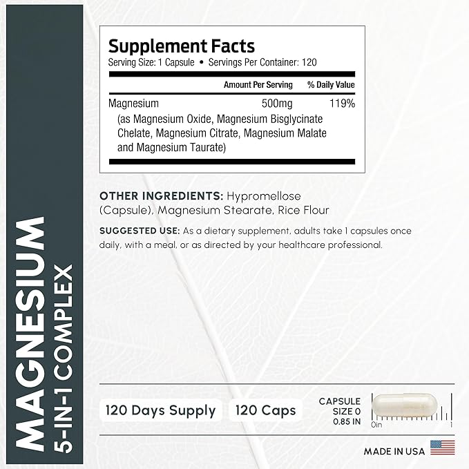 ForestLeaf Magnesium Complex for Women and Men - 500mg Magnesium Supplement for Sleep - 5-in-1 Chelated Magnesium Citrate, Bisglycinate, Malate, Taurate, Oxide (120 Ct)