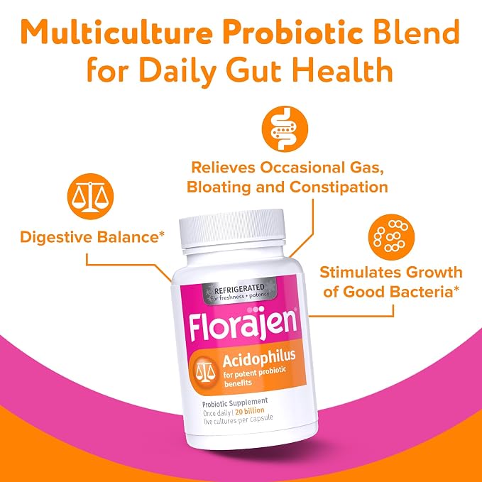 Florajen Acidophilus Probiotics, Gut Health, Vaginal Health, and Immune Support Supplement, Constipation and Bloating Relief for Adults, 90 Capsules (Refrigerated)