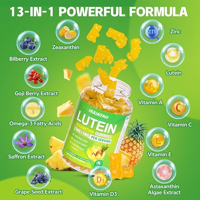 Lutein Gummies 25mg, Lutein and Zeaxanthin Supplements Eye Vitamins Gummies for Support Blue Light Protection, Vision & Overall Eye Health, Sugar Free, Pineapple Flavor, 120 Count