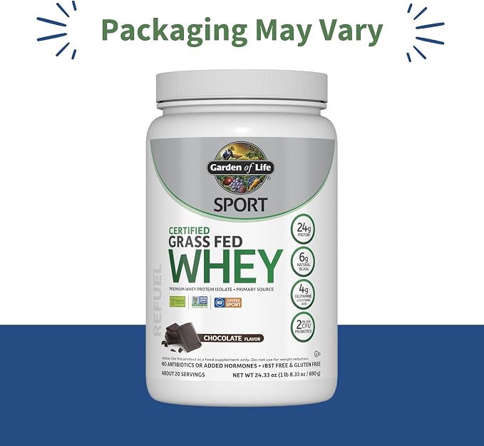 Garden of Life SPORT Whey Protein Powder Chocolate, Premium Grass Fed Whey Isolate plus Probiotics for Immune System Health, 24g Protein, Non GMO, Gluten Free, Cold Processed - 20 Servings (Pack of 6)