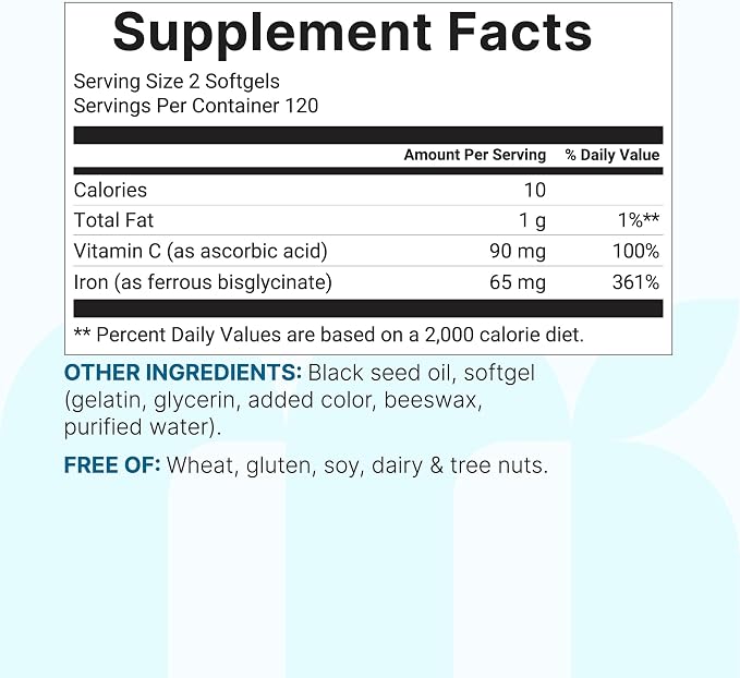 Micro Ingredients Ferrous Iron Bisglycinate 65 mg, 240 Softgels | Chelated Iron Supplement for Women & Men | Supports Red Blood Cell Production* | with Vitamin C & Black Seed Oil | Non-GMO