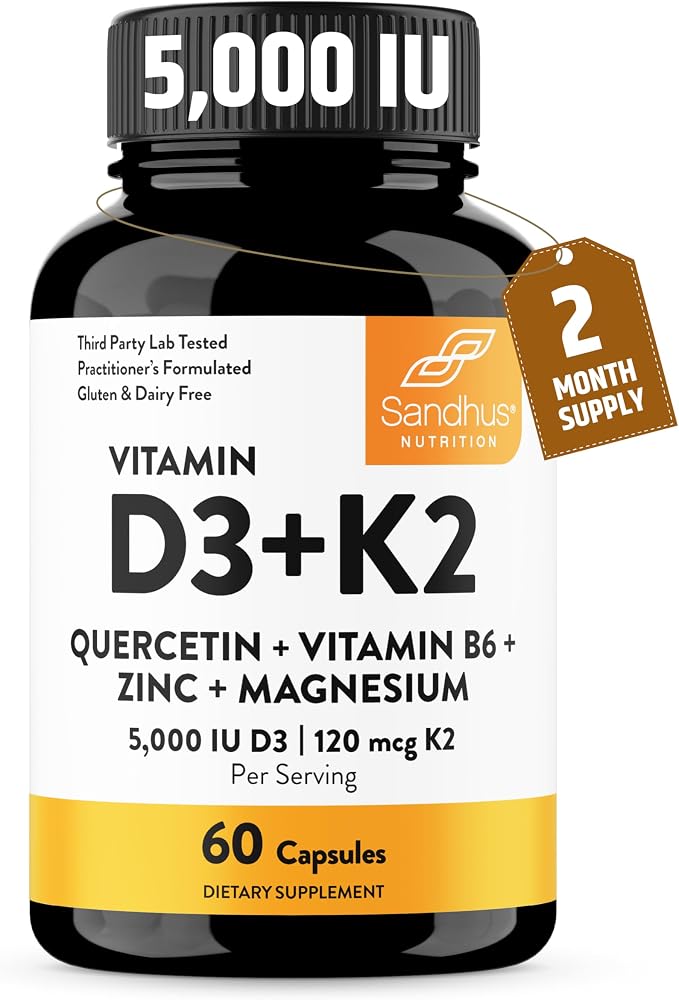 Sandhu's Vitamin D3 K2 Magnesium 5000 IU, 120mcg K2 Capsules 60 Count (Pack of 1) | with VIT B6, Zinc & Quercetin | D3K2 Supports Superior Absorption, Energy, Immune, Muscle Health for Men & Women