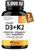Sandhu's Vitamin D3 K2 Magnesium 5000 IU, 120mcg K2 Capsules 60 Count (Pack of 1) | with VIT B6, Zinc & Quercetin | D3K2 Supports Superior Absorption, Energy, Immune, Muscle Health for Men & Women