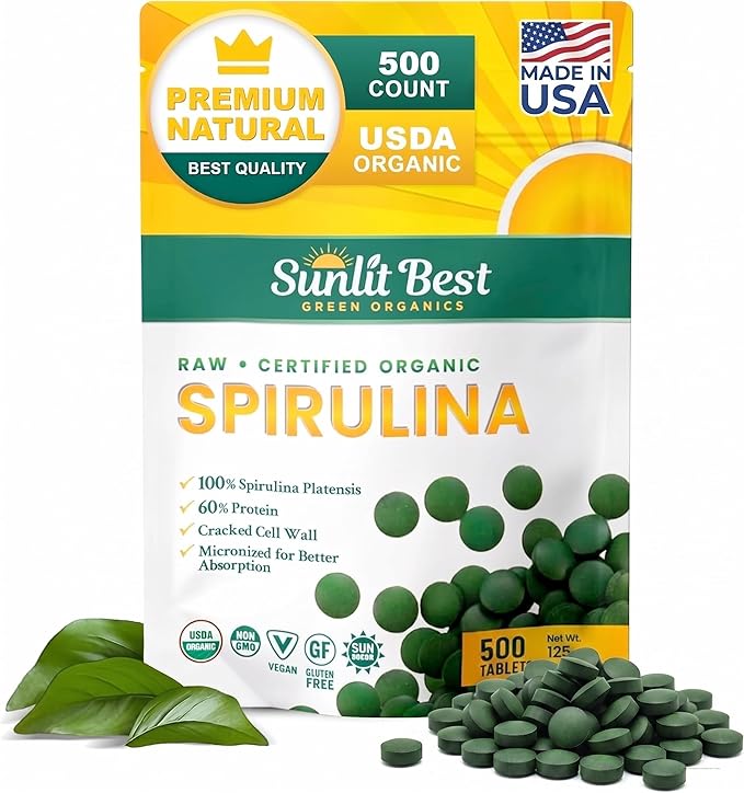 Sunlit Best Spirulina Tablets - Organic Spirulina Tablets USDA Premium 500 Count - Natural Spirulinas Organic Burst for Immune Support Muscle Growth, Energy Boost w/Chlorophyll - High Protein, Non GMO